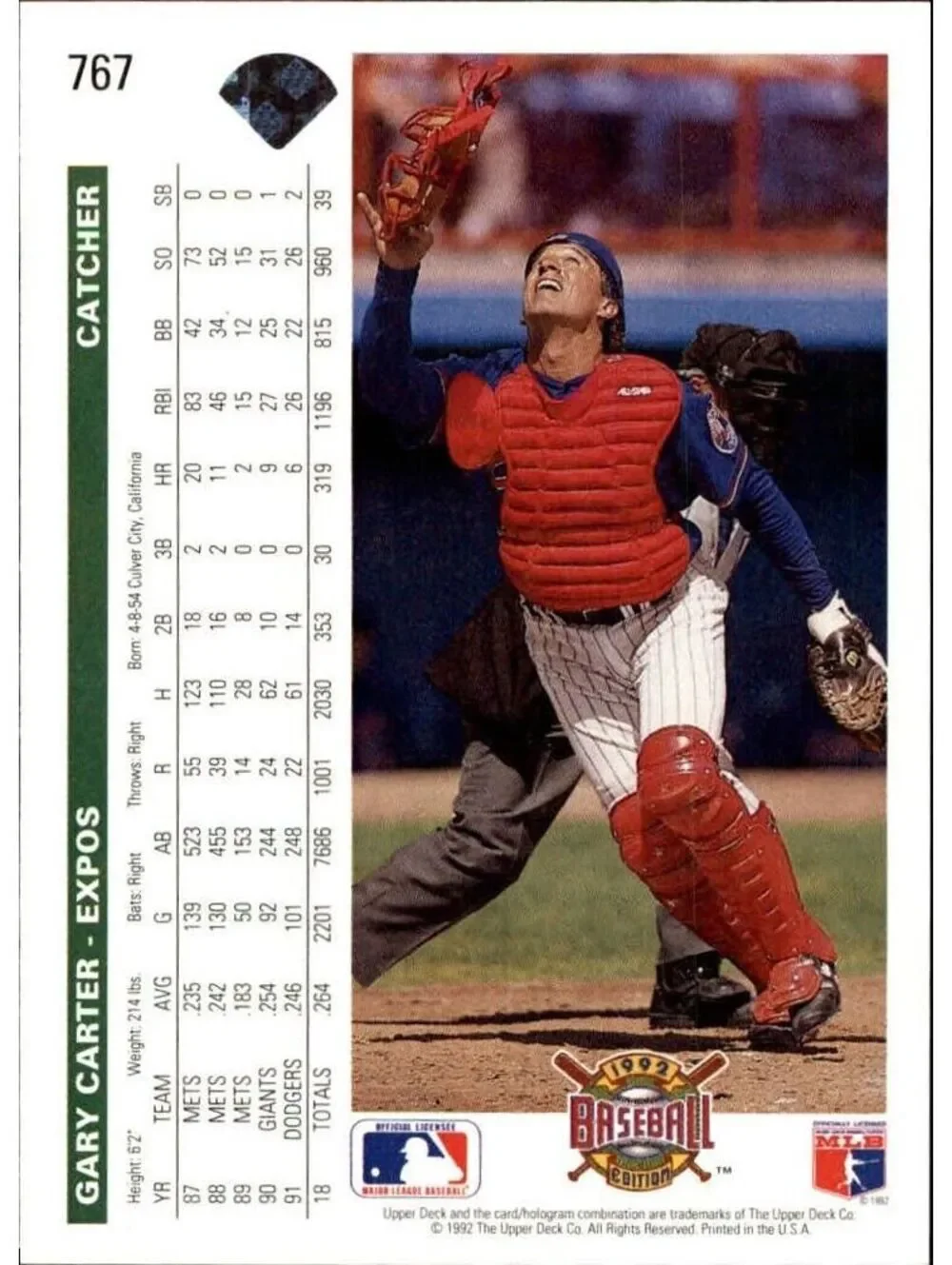Gary Carter 1992 Upper Deck MLB #767 Baseball Card Montreal Expos